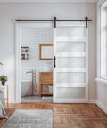 Glass And Wood Barn Door 32 By 80 Inches With Sliding Hardware Kit for Easy Mount, showing frosted glass panels in modern bathroom.