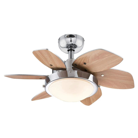 Quince 24 Inch Indoor LED Ceiling Fan With Light, Chrome Finish, Reversible Wengue And Beech Blades, Ideal For Small Rooms