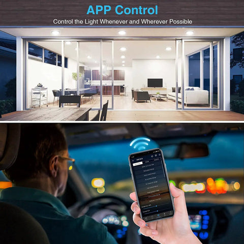 Smartphone app controls 6 Inch Smart Recessed Lighting Kit With WiFi LED Ceiling Light 12W 1100LM RGBCW in interior and car