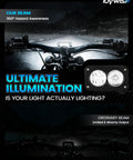6000-6500K LED Dirt Bike Light Bar demonstrating ultimate illumination on a dark road, showing a dual-beam headlamp comparison