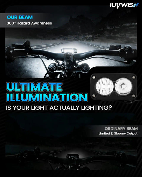 6000-6500K LED Dirt Bike Light Bar demonstrating ultimate illumination on a dark road, showing a dual-beam headlamp comparison