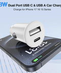 48W USB C Car Charger With Dual USB Ports Fast Charge for iPhone on top of charging smartphone.