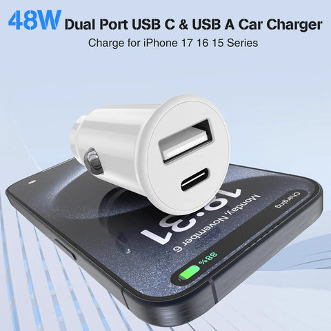 48W USB C Car Charger With Dual USB Ports Fast Charge for iPhone on top of charging smartphone.
