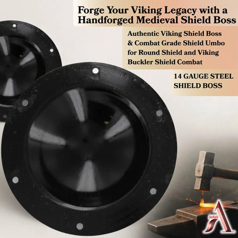 Hand Forged Iron Shield Boss Umbo For Close Combat Grade Medieval Shield Mount Eight Inch Functional Hema Hammered Look Norse Viking Black Death Style Weighs About One Point Eight Lbs Fourteen Gauge Iron Steel For Reenactments Larp; black medieval shield boss