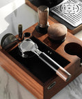 Eight In One Espresso Knock Box And Barista Grade Coffee Accessories Organizer With Natural Walnut Base Fits 51mm 53mm 54mm 58mm Tamper Distributor Portafilter Dosing Funnel Puck Screen And More