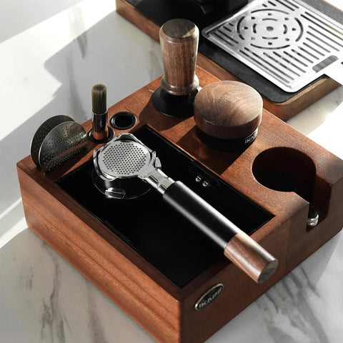 Eight In One Espresso Knock Box And Barista Grade Coffee Accessories Organizer With Natural Walnut Base Fits 51mm 53mm 54mm 58mm Tamper Distributor Portafilter Dosing Funnel Puck Screen And More