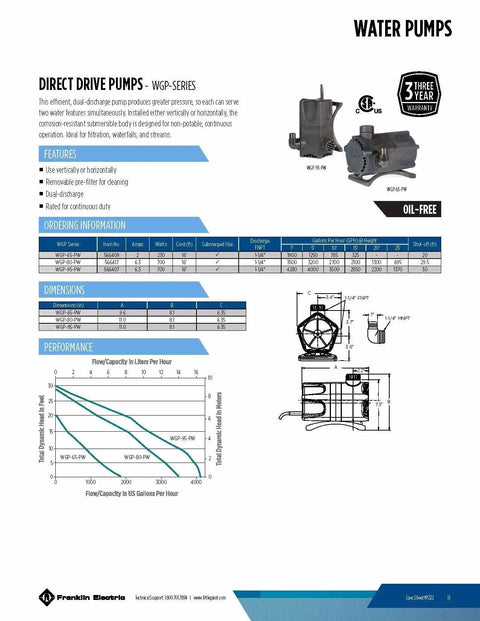 Diagram of heavy-duty dual discharge submersible pond pump, 1900 GPH, direct drive specifications, with charts and features.