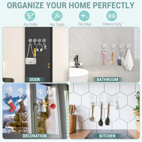 Budget Friendly Vacuum Suction Cup Hooks Set Four Piece Reusable Waterproof Shower Hangers For Bathroom Kitchen Office Storage And Organization Razor Holder Wreath Hook And More
