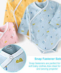 Three pastel baby bodysuits with snap fasteners in pink, yellow, and blue.