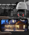 5MP PTZ WiFi Outdoor Security Camera With Color Night Vision showcasing live feed on smartphone at night