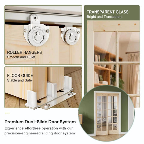 Preassembled Solid Spruce Wood Double Sliding Closet Doors Set With Bypass Hardware Track Kit 60 Inch By 80 Inch Two 31 Inch Tempered Clear Glass Panels Barn Door Slab For Interior Pantry Kitchen Built To Last Rustic Style showing roller hangers, floor guide, and installed view.