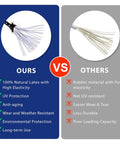 Comparison of 9 Inch Ball Bungee Cords Bundle Of 50 With Toggle Balls between latex and rubber materials featuring benefits and drawbacks.