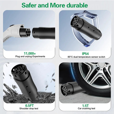 Different durability tests of the Road Ready GB To Type 2 EV Charging Plug, 32 Amp 3 Phase AC Electric Vehicle Adapter.