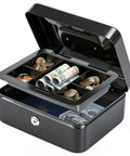 Medium Metal Cash Box With Removable Money Tray And Dual Key Lock Portable Steel Safe Cash Drawer With Handle Includes 2 Keys Great For Home Office Or On The Go Dimensions 7.87 By 6.30 By 3.54 Inches Black, open view with cash and coins inside.