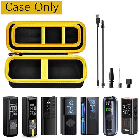Premium Heavy Duty Portable Air Compressor Storage Case For Tire Inflator And Charging Cables Dope Protection Slick Ride Gear Keeper Road Ready Box Only Yellow with open zipper and organizing slots.