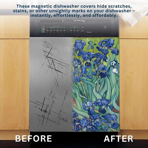 Magnetic Dishwasher Cover For Front Panel With Van Gogh Irises Print, Reusable Decal before and after installation effect