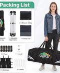 Packing list and woman carrying 16x16 Pop Up Gazebo Hexagon Canopy Tent With Mosquito Netting, 256 Sq Ft Shade bundle