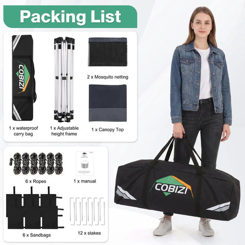 Packing list and woman carrying 16x16 Pop Up Gazebo Hexagon Canopy Tent With Mosquito Netting, 256 Sq Ft Shade bundle