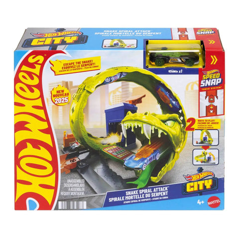 Box of Snake Spiral Attack Toy Car Track Set with 1 to 64 scale die-cast vehicle, featuring corkscrew loop and speed snap track.