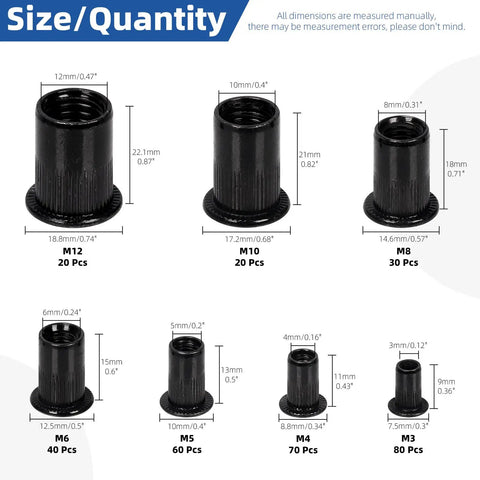 320 Piece Metric Rivet Nuts Kit M3 Through M12 With Flat Head Rivnut Inserts Black Zinc Plated Carbon Steel