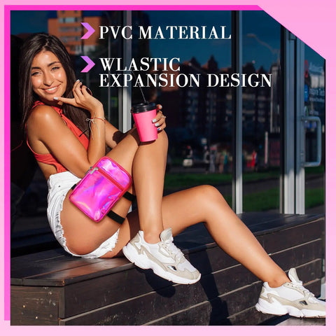Woman sitting with Holographic Thigh Bag With Adjustable Strap Leg Pouch Harness For Women Pink Leg Bag For Travel Hiking Festivals And Summer Adventures With Hands Free Storage And Color Shifting Reflective Shine