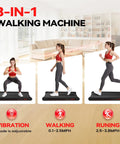 Woman using Under Desk Vibration Treadmill with 3 In 1 Vibration Plate for home gym, living room background, walking, running, vibration modes