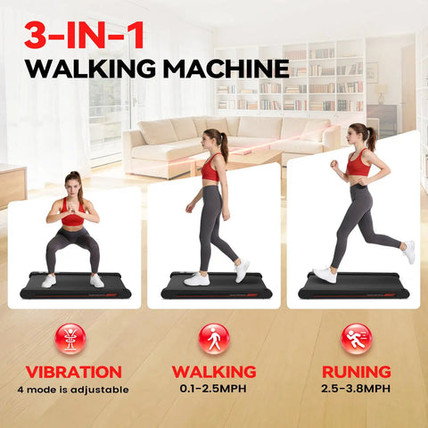 Woman using Under Desk Vibration Treadmill with 3 In 1 Vibration Plate for home gym, living room background, walking, running, vibration modes
