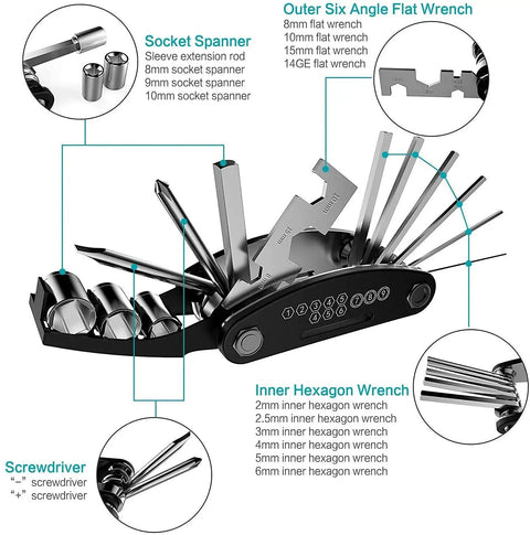 All In One Bike Repair Kit With Carry Bag For Road And Mountain Bikes 16 In 1 Multi Tool socket spanner and wrenches