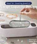 Premium Stainless Steel Ultrasonic Cleaner Basket With Secure Locks Hella Tough For Jewelry Gear And Watch Parts Easy Cleanup Setup Fits Every Machine Boss Grade Six Piece Collection, large capacity design with jewelry being cleaned.