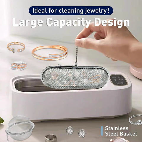 Premium Stainless Steel Ultrasonic Cleaner Basket With Secure Locks Hella Tough For Jewelry Gear And Watch Parts Easy Cleanup Setup Fits Every Machine Boss Grade Six Piece Collection, large capacity design with jewelry being cleaned.