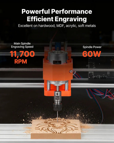 3-Axis CNC Router Machine For Wood And Acrylic Engraving And Milling With A Beefed-Up 60W Spindle, close-up on spindle engraving