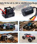 Waterproof RC Brushless Motor And ESC Combo 2430 7200KV With 35A ESC shown with RC cars and trucks in various terrains.