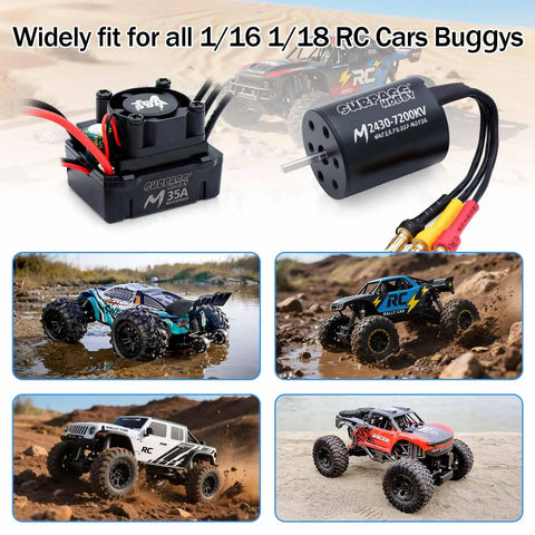 Waterproof RC Brushless Motor And ESC Combo 2430 7200KV With 35A ESC shown with RC cars and trucks in various terrains.