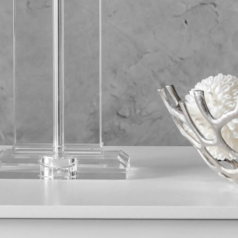 Base of Toledo 25 Inch Crystal Table Lamp With Cotton Shade on a white surface, highlighting the durable glass crystals.