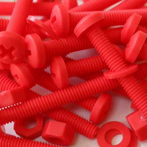 No Sweat 20 Piece Red Polypropylene Fastener Kit M6 X 60mm Phillips Pan Head Bolts With Nuts And Washers in a pile.