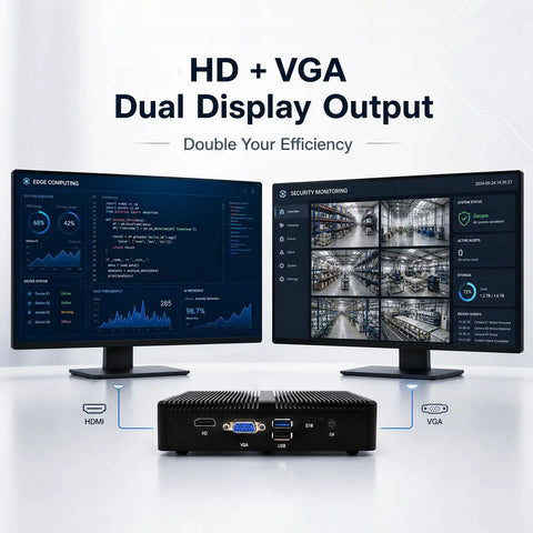 Intel Celeron J1900 Firewall Mini PC With Four Network Ports And Extra GB Connectivity For Straight Up Bulletproof Home Routing Plus 4GB RAM 64GB SSD Storage For Smooth VPN Setup connected to dual monitors showing data and security information.