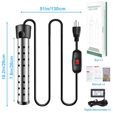 High Power 1500W Immersion Water Heater That Heats Five Gallons Fast In Minutes With A Stainless Steel Guard Cover And Easy Switch