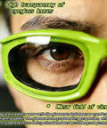 Close-up of Tear Free Onion Goggles For Kitchen Cooking And Pepper Chopping With Anti Fog Lenses and Ultra Light Frame For Zero Cry Time Kitchen Work And Crystal Clear Vision Protection Gear Green.