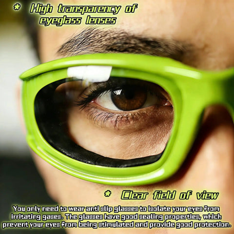 Close-up of Tear Free Onion Goggles For Kitchen Cooking And Pepper Chopping With Anti Fog Lenses and Ultra Light Frame For Zero Cry Time Kitchen Work And Crystal Clear Vision Protection Gear Green.