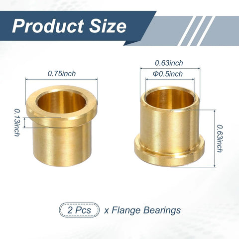 Workhorse Solid Brass Flange Bearing Sleeves Two Pack, 0.5" ID, 0.63" OD, 0.75" flange, shown with size details.