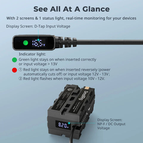 D Tap To Dual Sided NP-F Dummy Battery With USB-C Port And DC Output LED Display with indicator lights and voltage screen