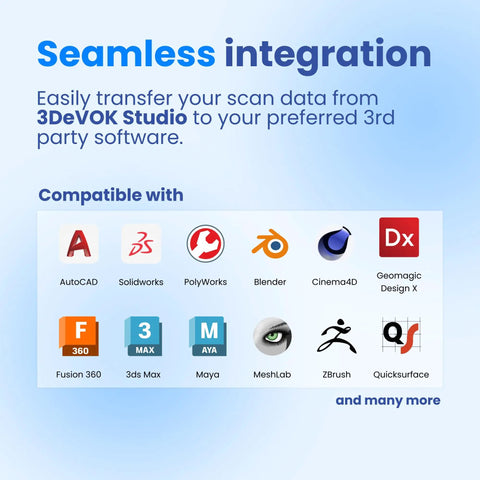 Handheld 3D Scanner With Blue Laser Infrared And VCSEL Structured Light For 0.04mm Accuracy And 70FPS Fast Scanning Made For Makers And Pros In 3D Printing Reverse Engineering Car Restoration Design And Education compatibility graphic with software logos