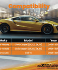 Compatibility chart showing rear upper control arms with polyurethane bushings for Honda Civic 2006-2015 and Acura CSX-S.