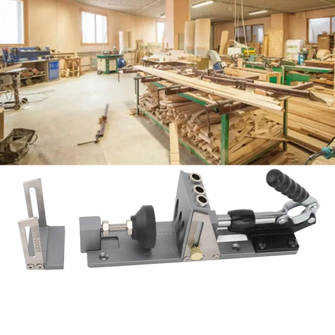 Top Tier Aluminum Alloy Pocket Hole Jig Kit With Precision Step Drill And Adjustable Depth Stop for wood joinery in a workshop setting.