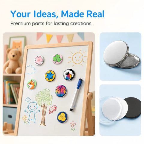58mm Fridge Magnet DIY Kit Pack of 100 Sets with metal covers and blanks displayed on board, ideal for crafts and decor.