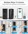 Keyless Front Door Lock With Touchscreen Keypad Fingerprint And App Remote Control Smart Deadbolt showing multiple unlocking modes.