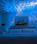 Bedroom with blue LED sky projections from Sky Lite Evolve LED Galaxy Cloud Projector With Wi Fi Ambient Night Light Remote Control Black Finish