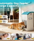 No Sweat Automatic Dog Feeder For Large Breeds With Galvanized Dry Food Dispenser And Clear Gravity Door Blocks Critters While Your Favorite Pup Enjoys Straight Up Chow Days Daily, dog feeding, large capacity, indoor use, tan dog eating from feeder.