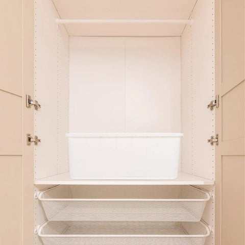 Slick White PP Plastic Drawer Organizer Box With Comfortable Handle Grip For Quick Sorting Bras Socks Ties And Everyday Gear displayed in closet.