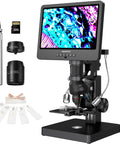 20X 5000X HDMI Digital Microscope With 5 Lenses, 2160P UHD Video, All In One Stereoscopic And Compound Lab Microscope For Coins Electronics Biology Soldering And Hobby Projects Handheld And Desktop Ready. black desktop microscope with screen, lenses, stand, and slides